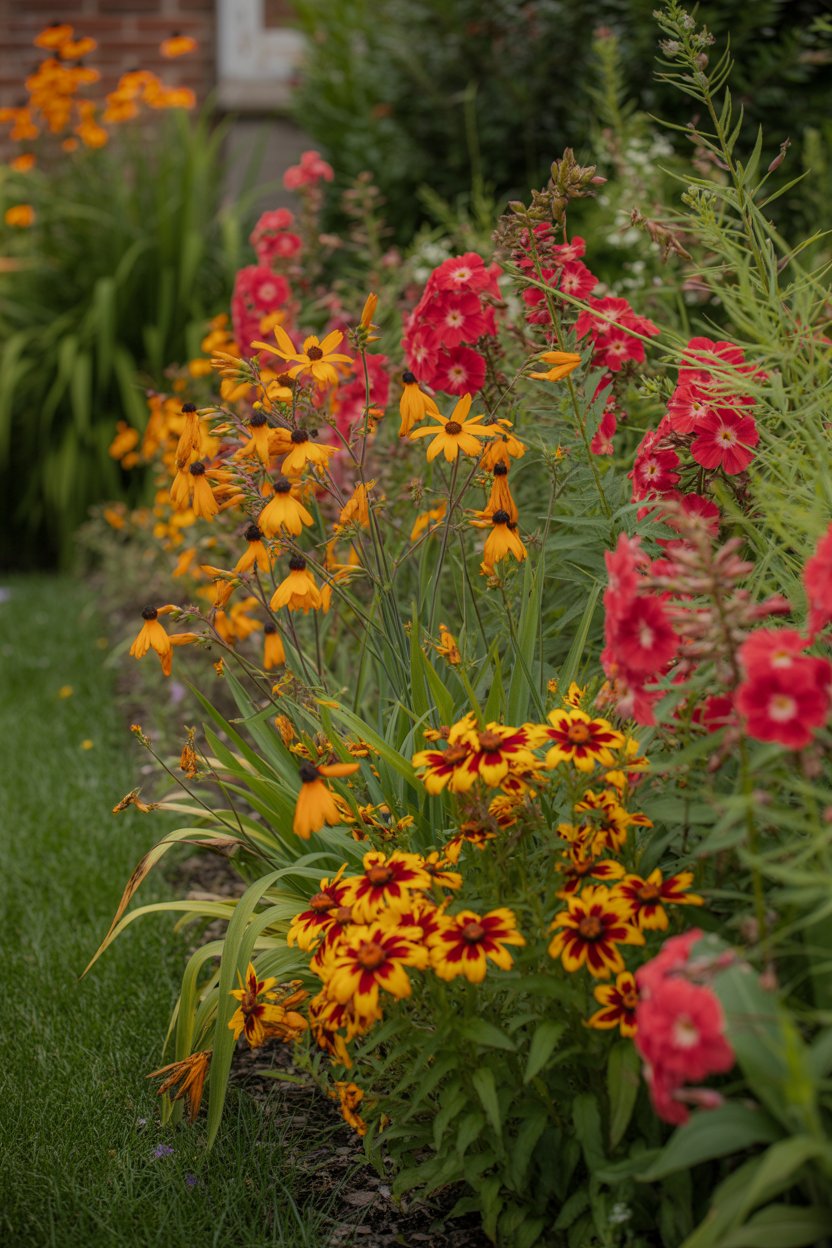 Hot-coloured cottage garden border with crocosmia, rudbeckia, and red phlox in oranges, reds, and golds