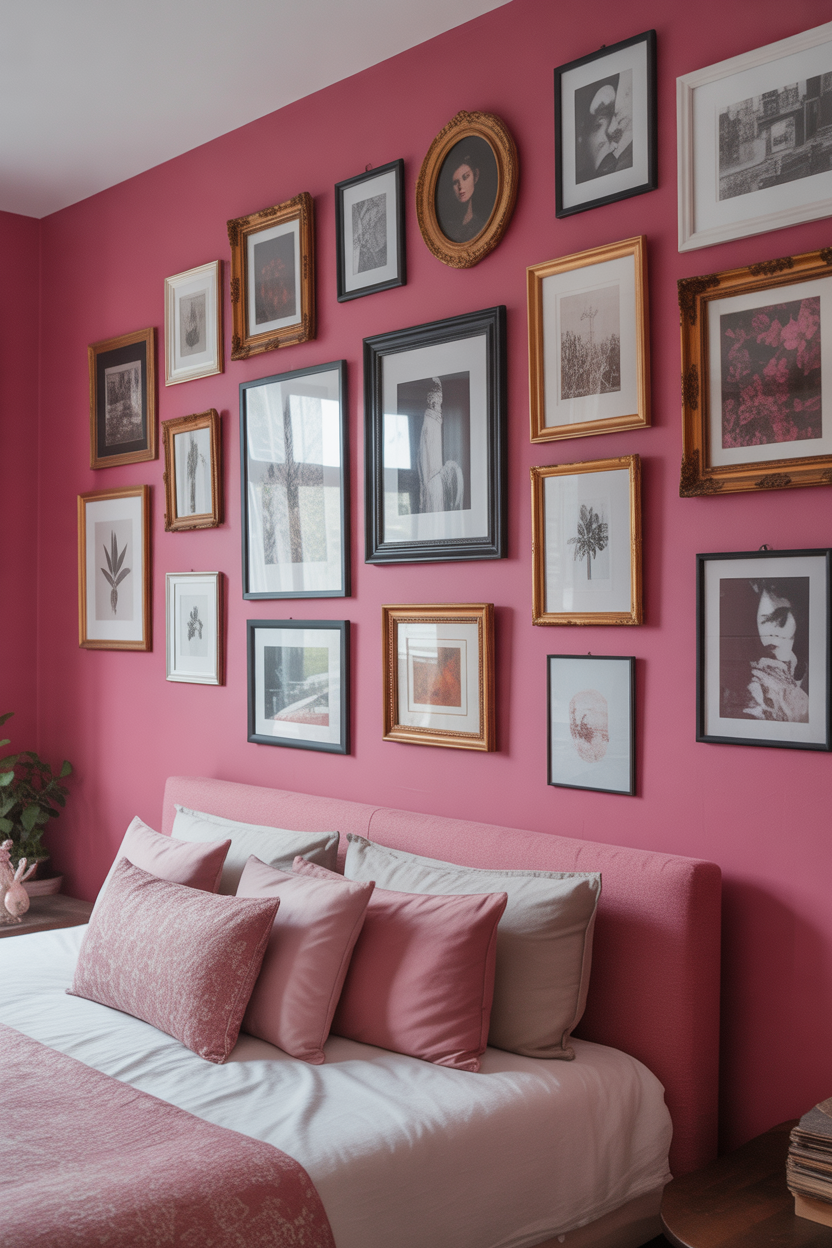 Hot pink accent wall with floor to ceiling gallery frames in small maximalist bedroom