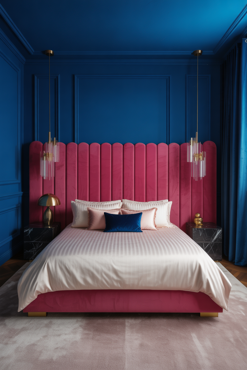 Hot pink and royal blue maximalist bedroom with velvet headboard and bold color palette