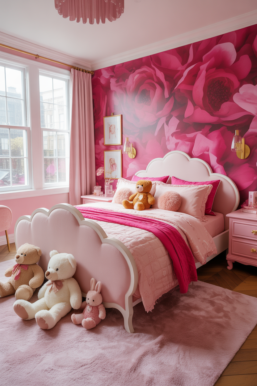 Hot pink floral wallpaper accent wall in a bright maximalist kids' bedroom with white furniture and layered pink bedding