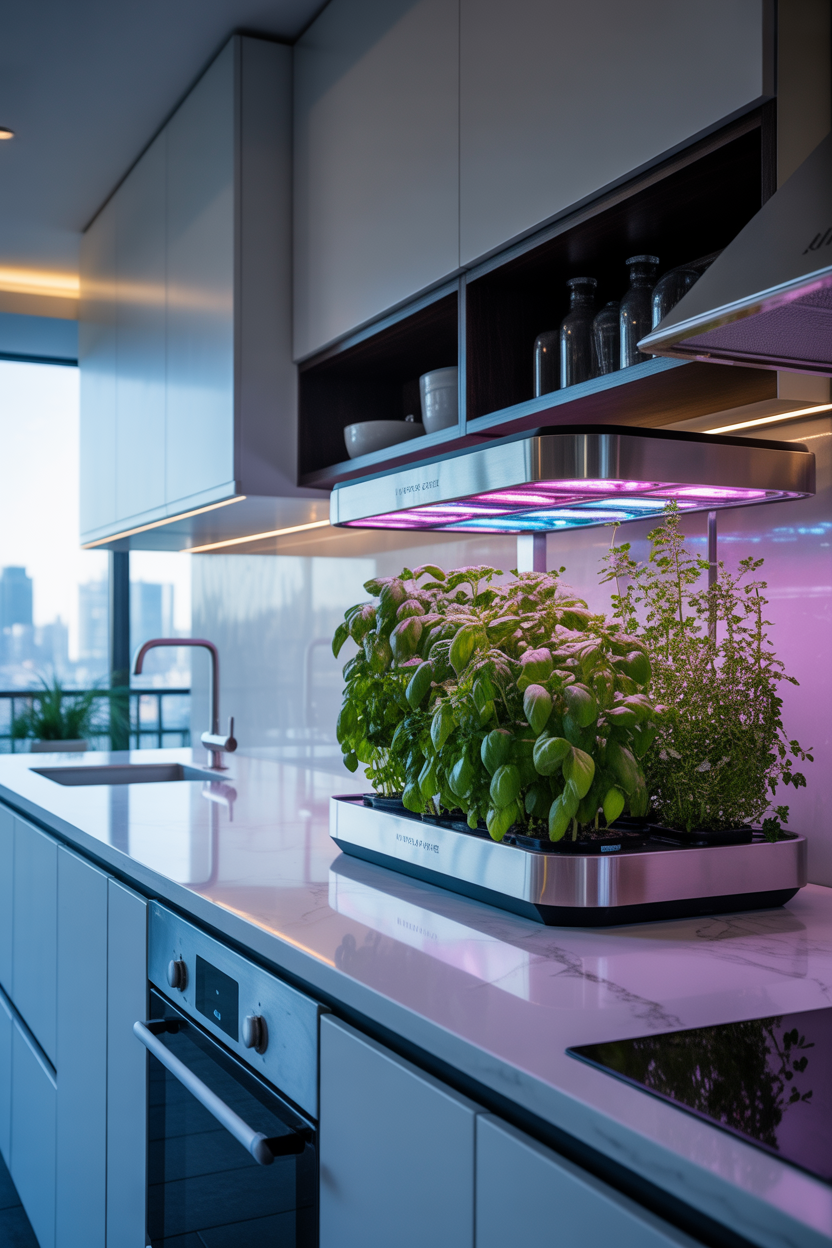 Modern hydroponic indoor herb garden with LED lights in a luxury kitchen