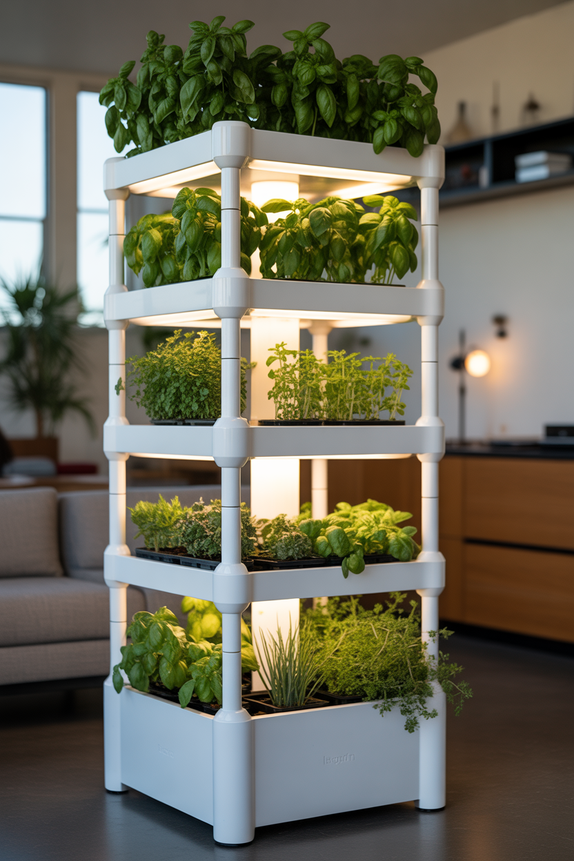 Vertical hydroponic herb tower growing multiple plants in compact space
