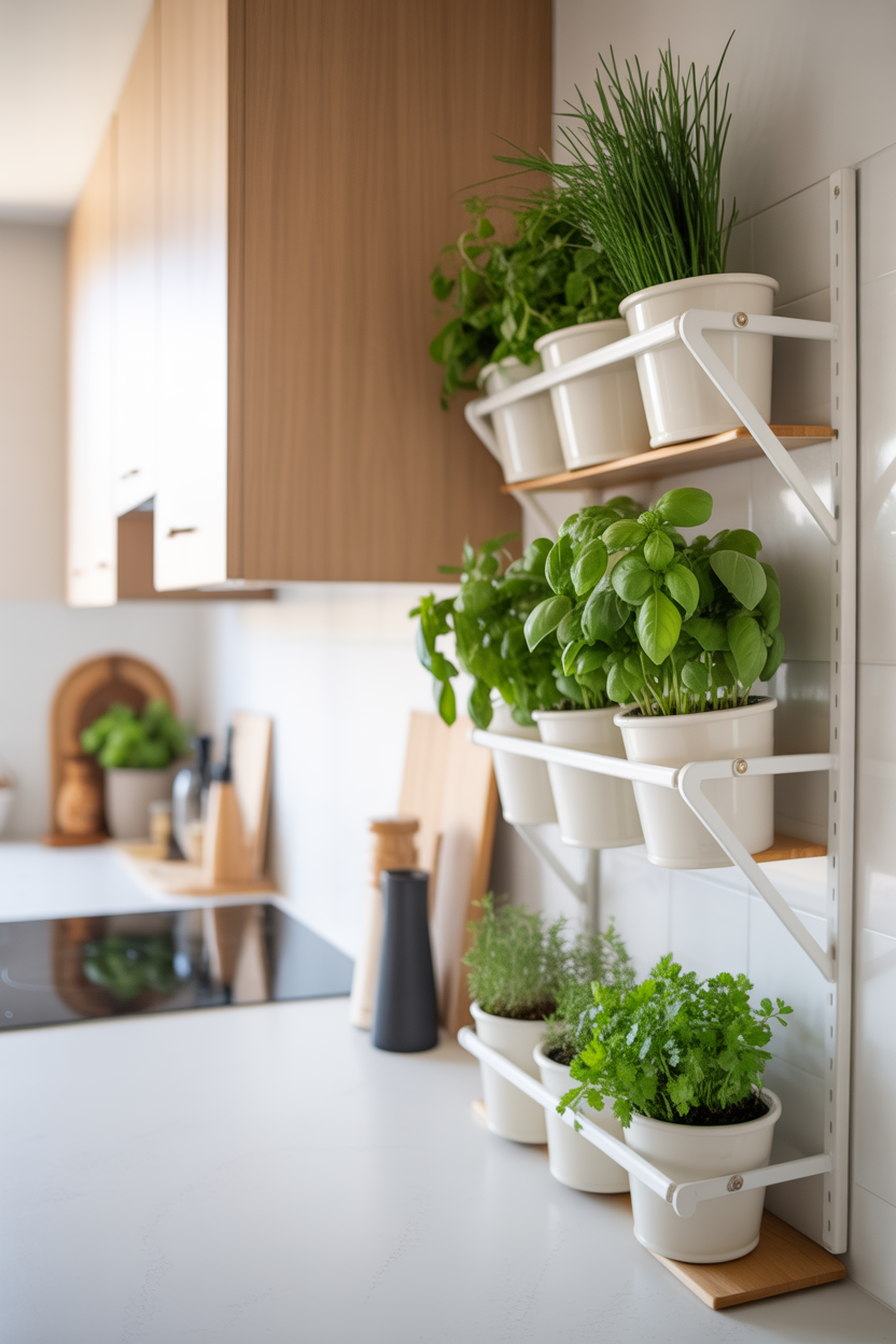 IKEA spice rack repurposed as wall-mounted indoor herb garden with small ceramic herb pots