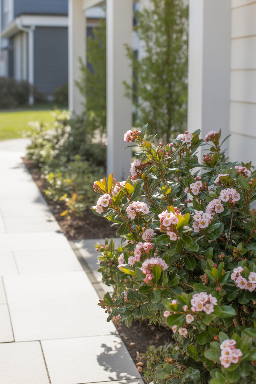 Indian hawthorn shrubs with pink spring blooms growing as low-maintenance foundation plants along a front yard path