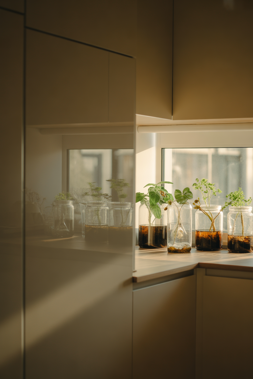 Indoor hydroponic gardening ideas for beginners using glass jars and small plants in a modern setup