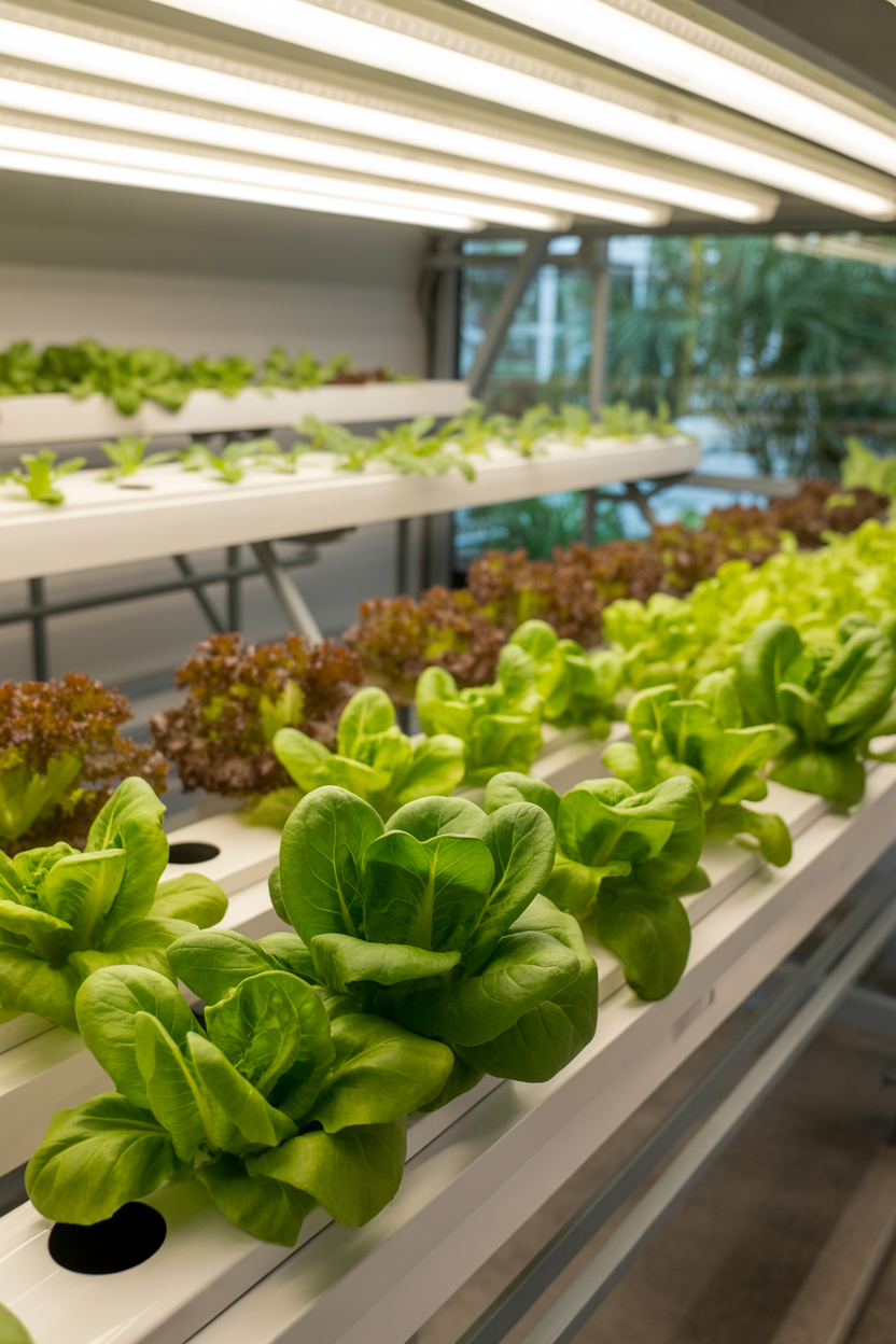 Indoor hydroponic system growing fresh vegetables like lettuce and spinach