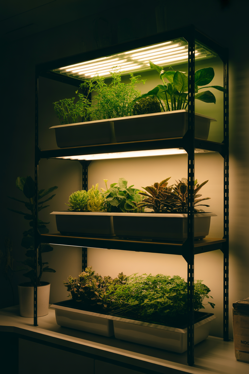 ndoor hydroponic plants on shelf with LED grow lights in modern setup