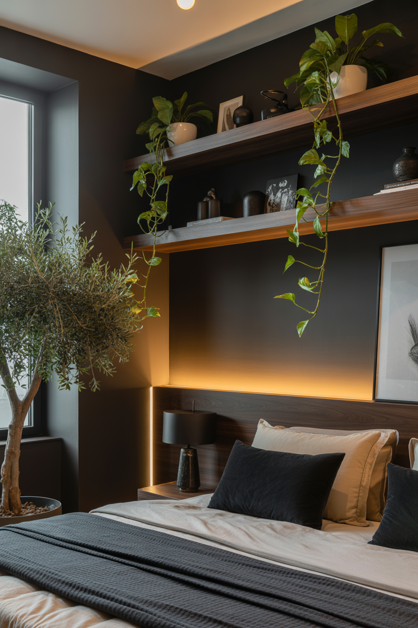 Pothos and small plants on floating shelf in small renter-friendly bedroom, apartment bedroom decor idea