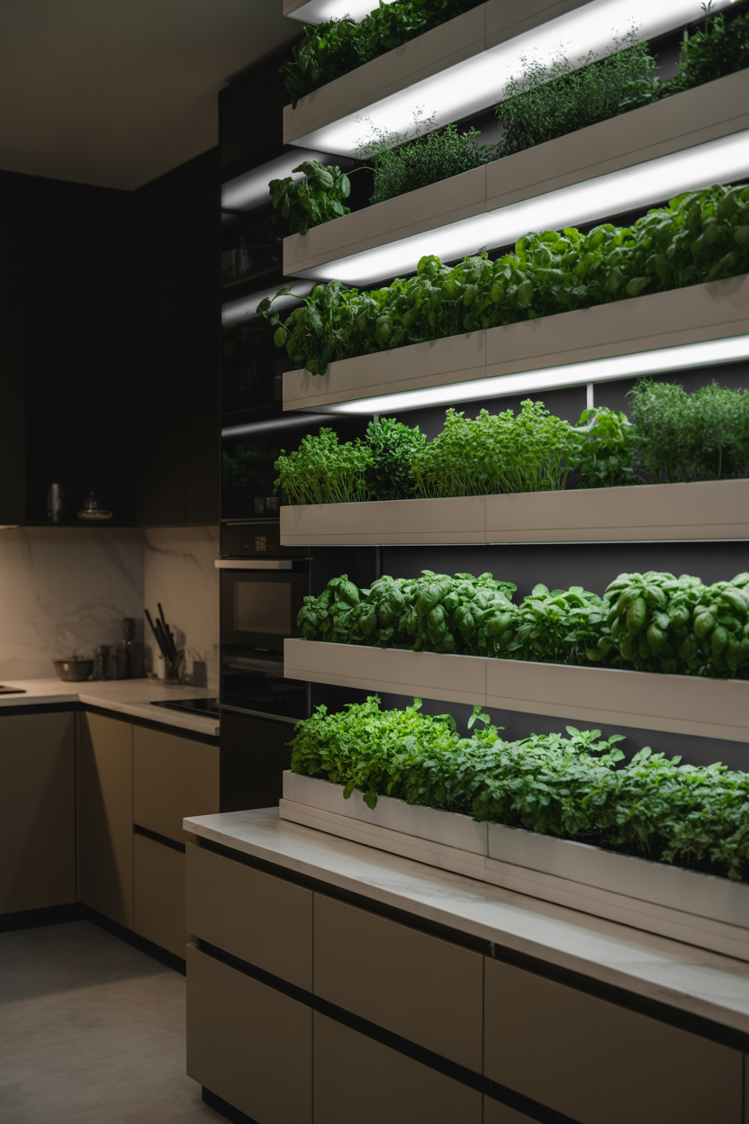 Indoor vertical shelf herb garden with LED grow lights illuminating multiple tiers of fresh herbs year-round