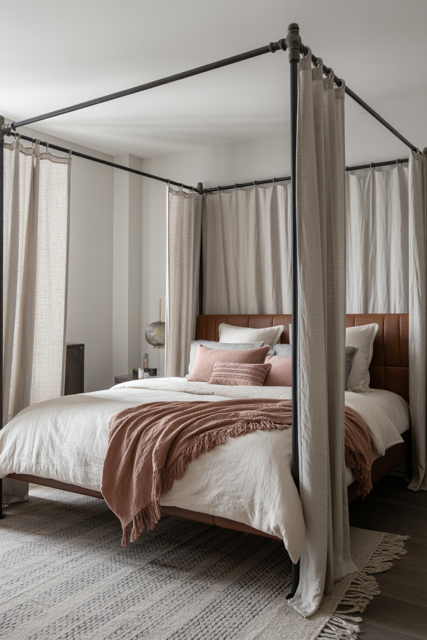Industrial style canopy bed frame using black metal pipes and linen
