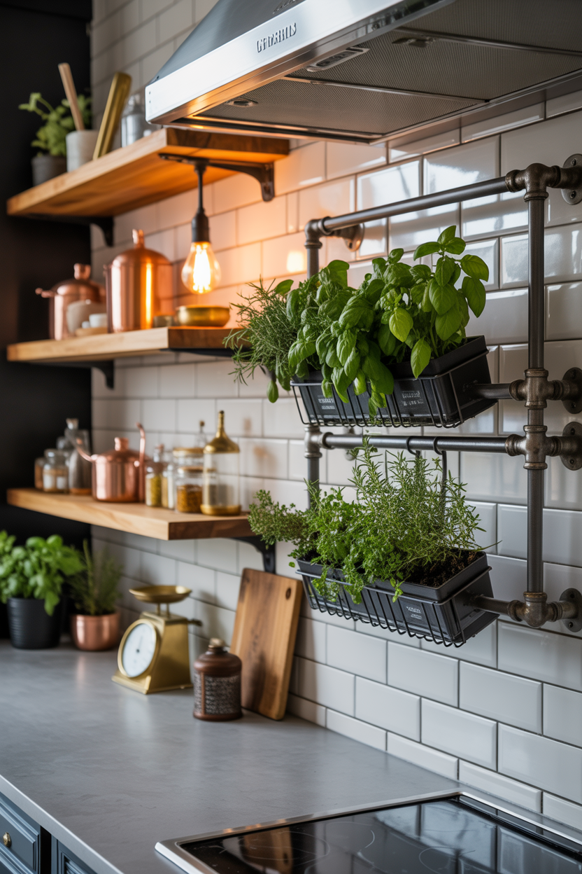 Industrial pipe hanging herb shelf with fresh indoor plants in a modern kitchen