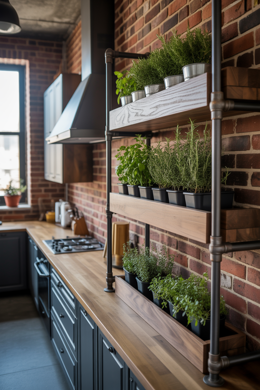 Industrial style black iron pipe and wood wall shelf used as a DIY indoor herb garden in a modern kitchen