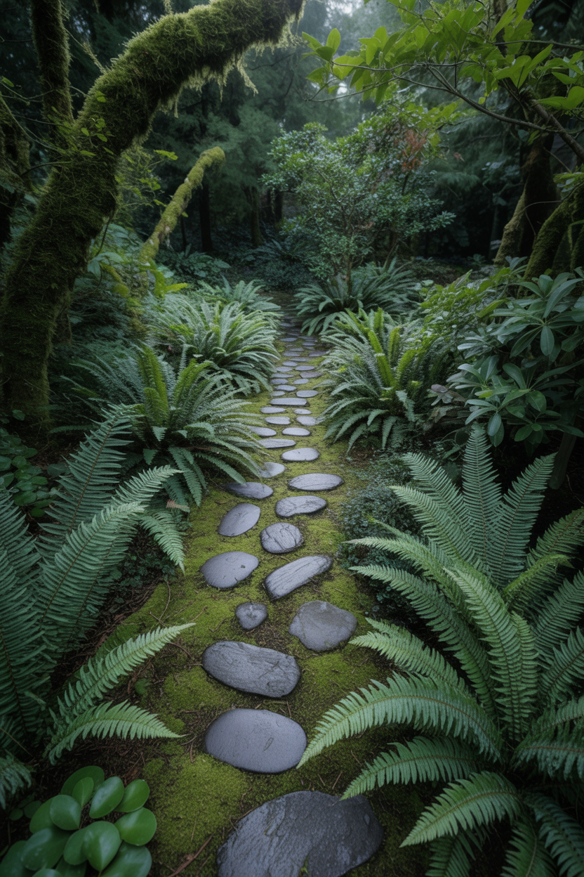 Silver Japanese painted ferns in a shaded woodland garden