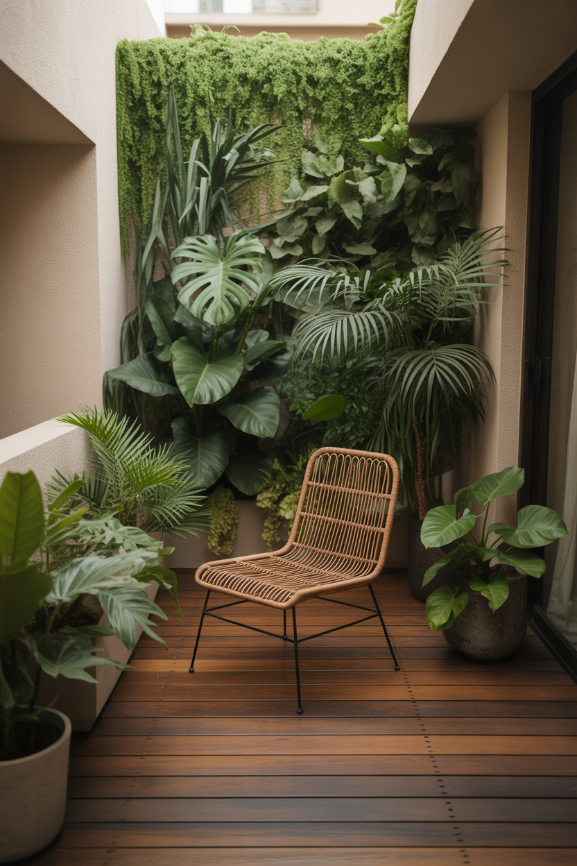 Tropical jungle balcony overflowing with monstera, pothos, and bird of paradise plants in layered heights