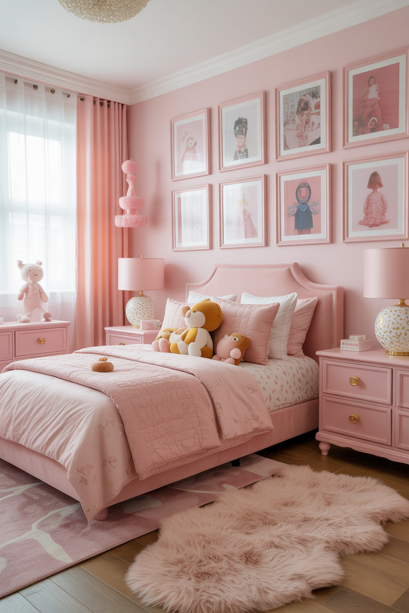 Maximalist gallery art wall with framed kids artwork in white and pink frames in a bright pink kids' bedroom