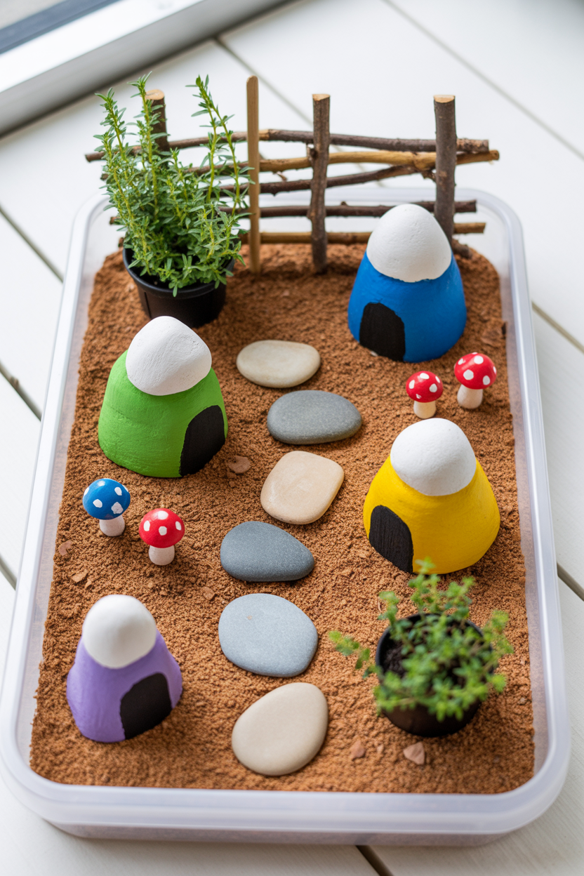 A children's DIY fairy garden in a plastic tray with painted rock houses, twig fences, pebble paths, and tiny plants