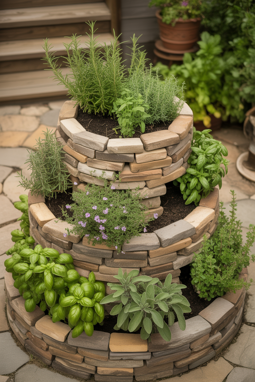 Stone herb spiral garden with rosemary, thyme, and basil in a sunny backyard