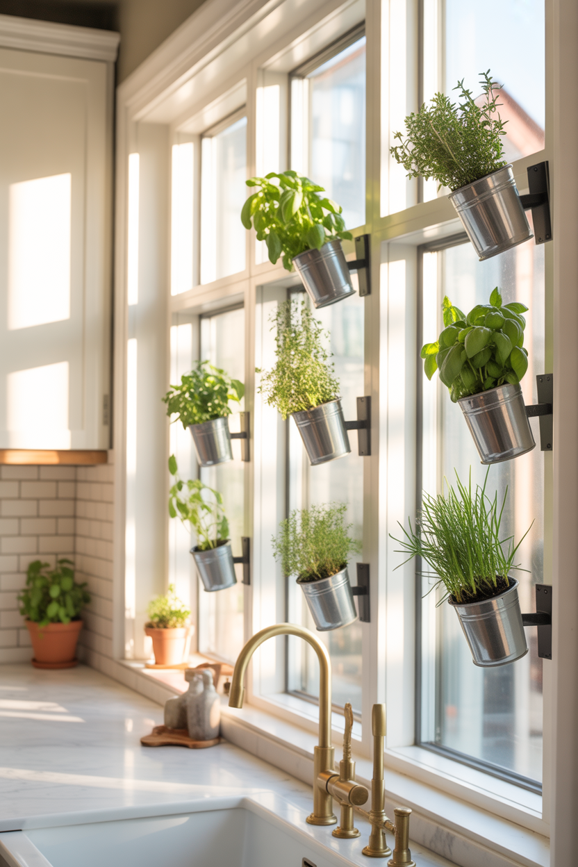 Suction cup-mounted herb planters on the kitchen window glass with chives and basil growing in small pots