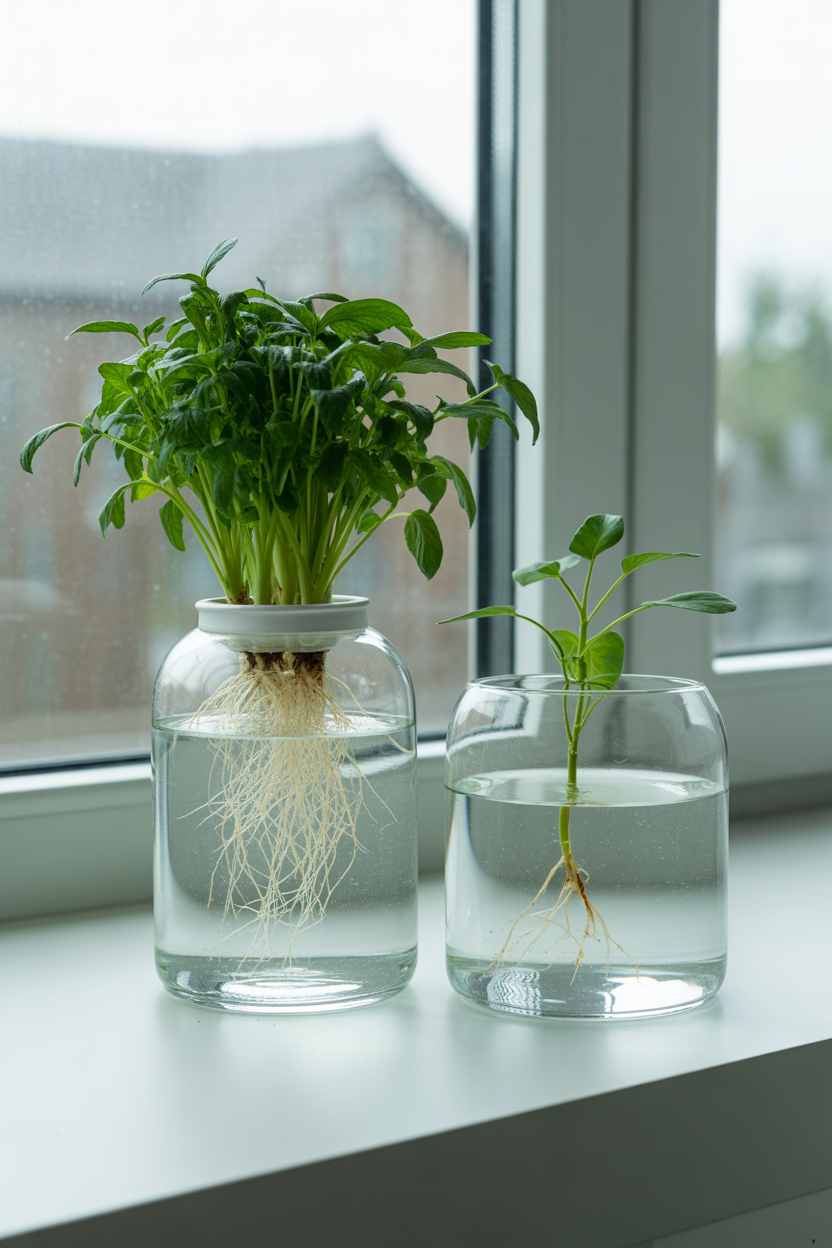 Kratky method hydroponic system with plants growing in water without electricity