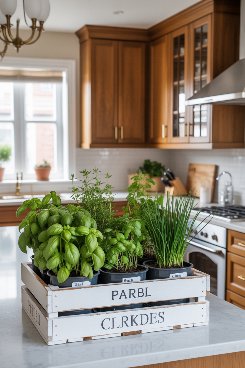 Organized wooden crate countertop herb garden with labeled herb pots in a bright kitchen