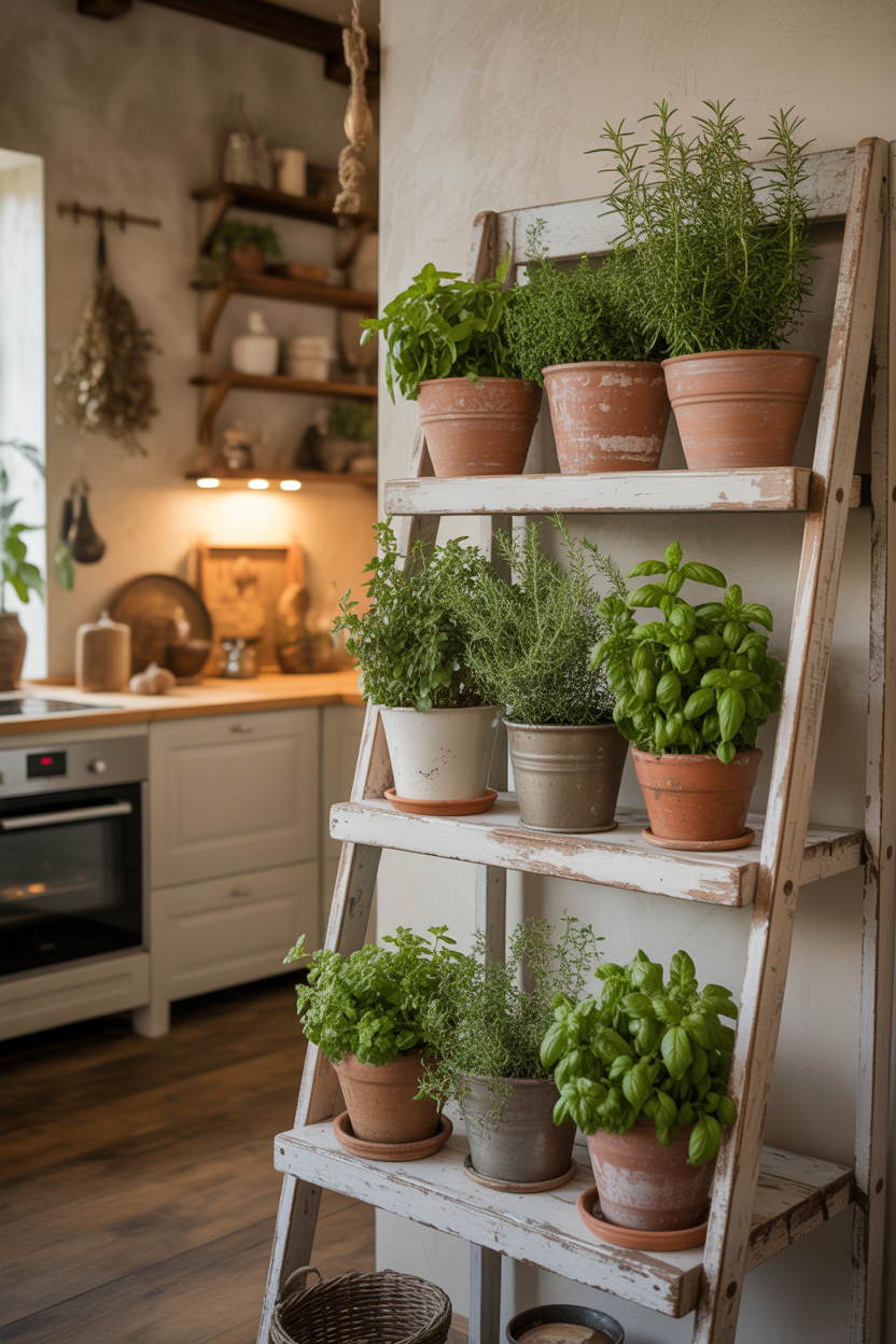 vintage wooden ladder leaning against your kitchen wall