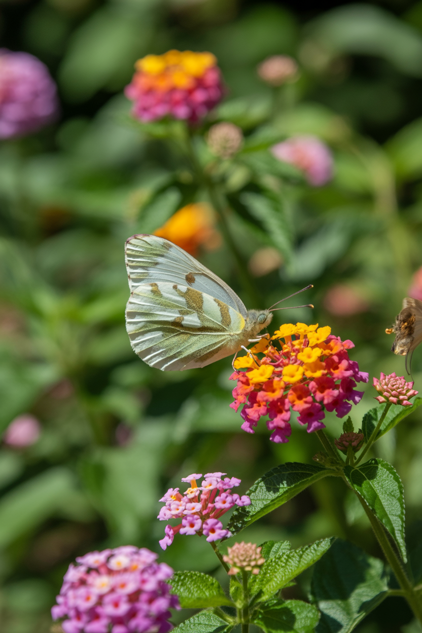 Lantana flowers thriving in a hot, full sun summer garden with butterflies