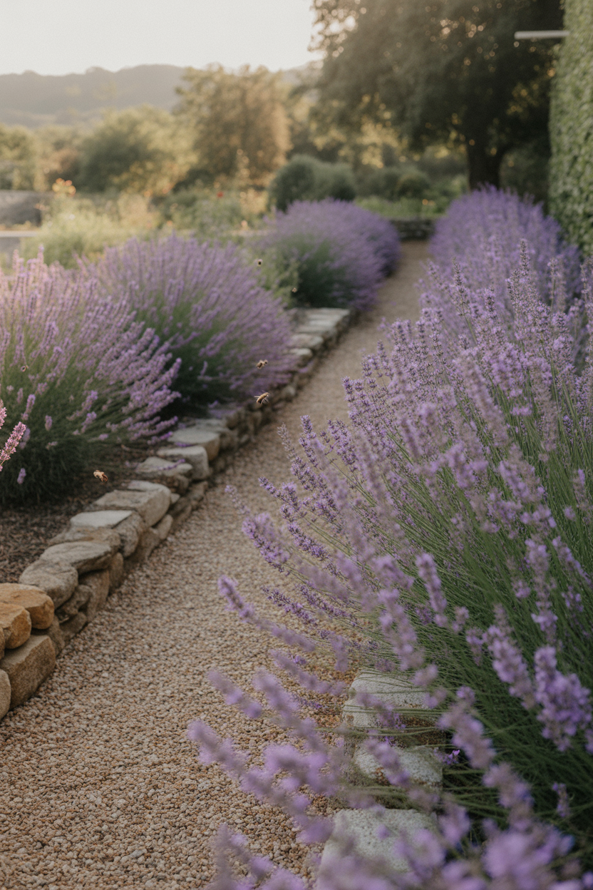 Purple lavender plants lining a stone cottage garden path on a warm afternoon