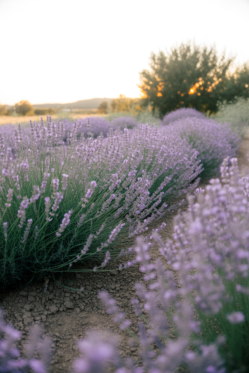 Lavender growing beautifully in a full sun summer garden with purple flowers