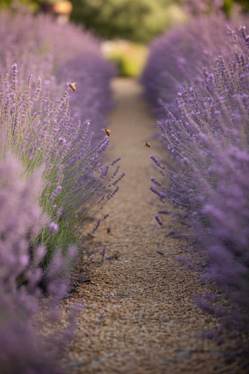 Lavender-lined garden pathway border with purple blooms creating a fragrant cottage garden edge