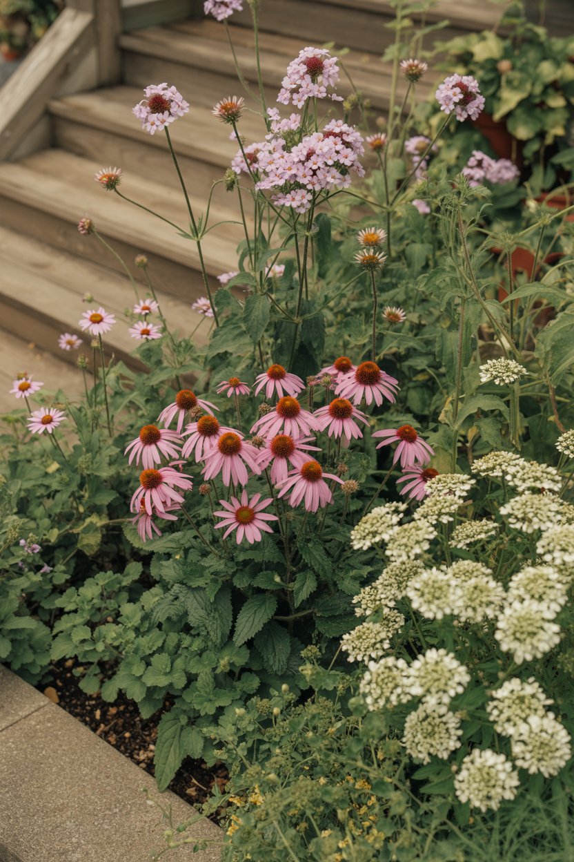 Layered cottage garden flower border with verbena at back, echinacea in the middle, and alchemilla at front edge