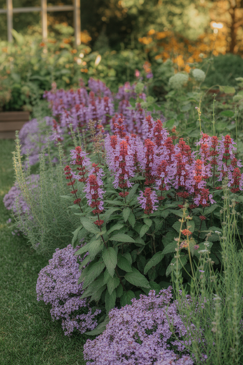 Layered summer flower border with salvias, lavender, and creeping thyme in a backyard garden