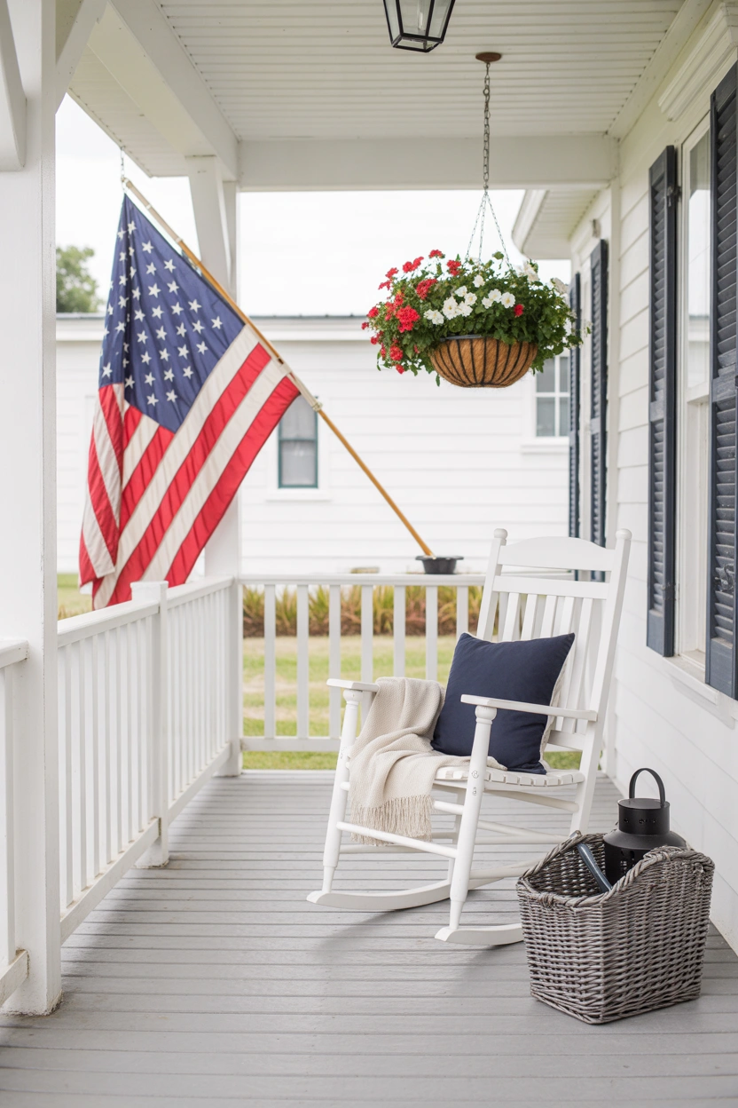 Layered 4th of July front porch decor with American flag rocking chair navy pillow and hanging flower basket