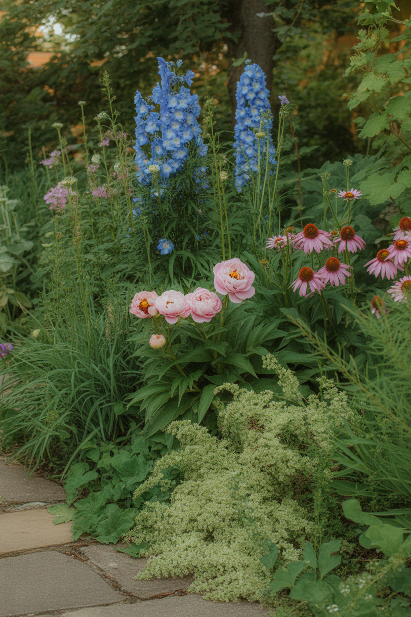 Layered perennial cottage garden border with delphiniums, peonies, echinacea and lady's mantle