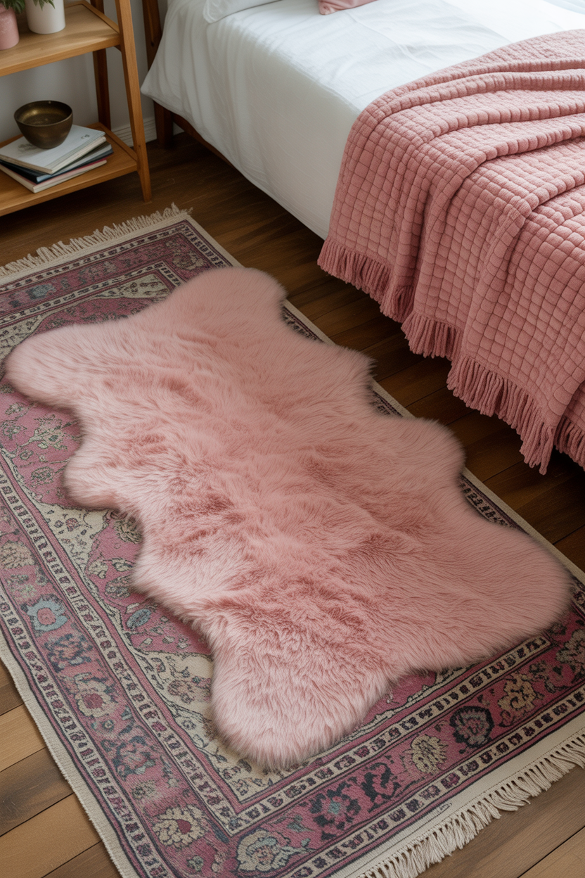 Eclectic pink rug layering over hardwood in small maximalist bedroom