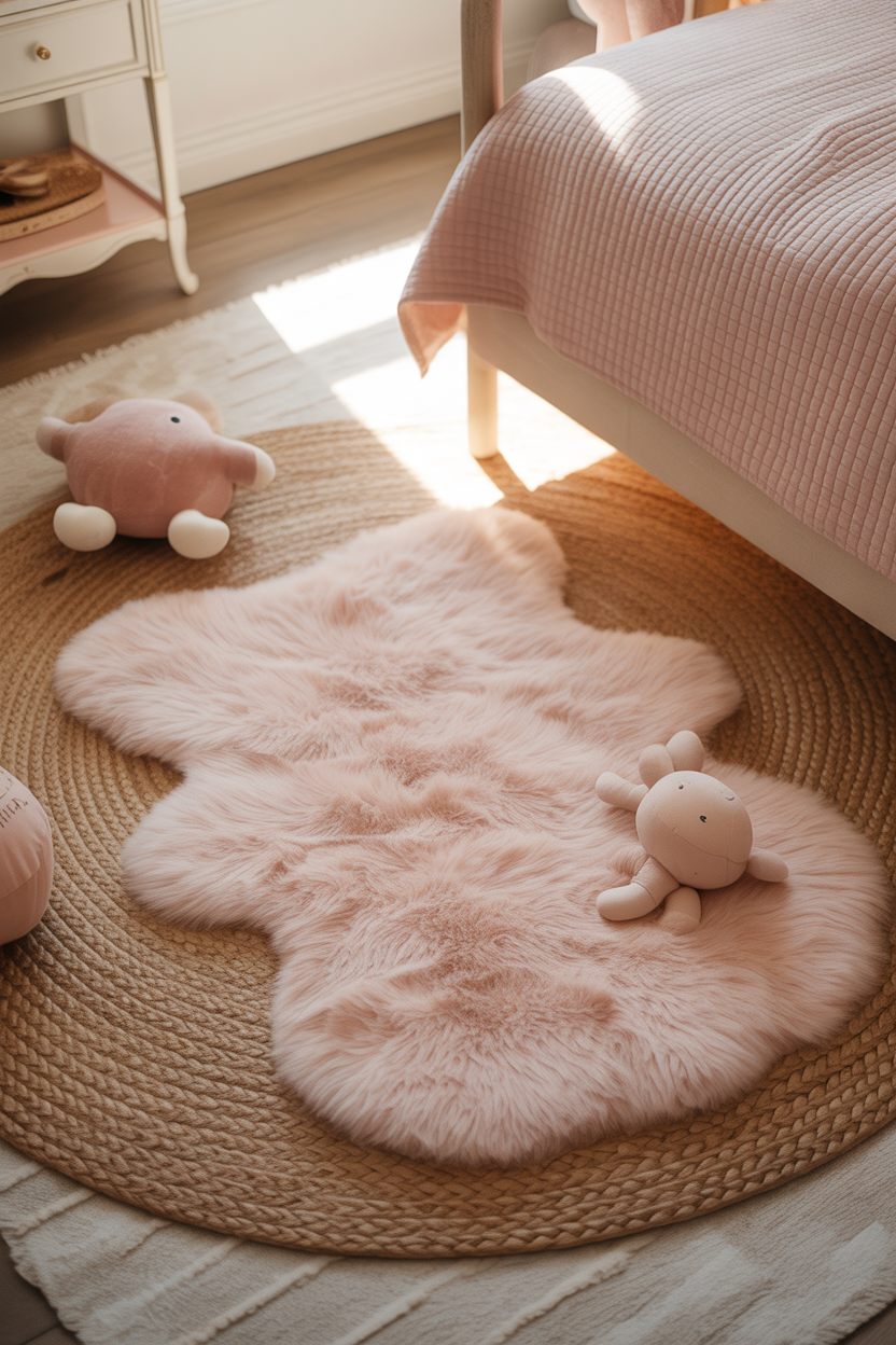 Layered rugs in a kids' bedroom with a neutral jute base and a pink boucle rug on top for a maximalist effect