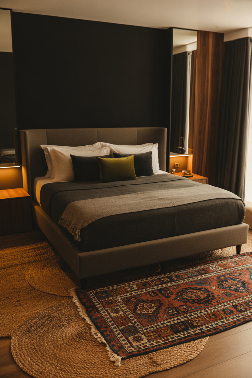 Layered rugs with a jute base and a patterned accent rug in a small rental bedroom for warmth and definition