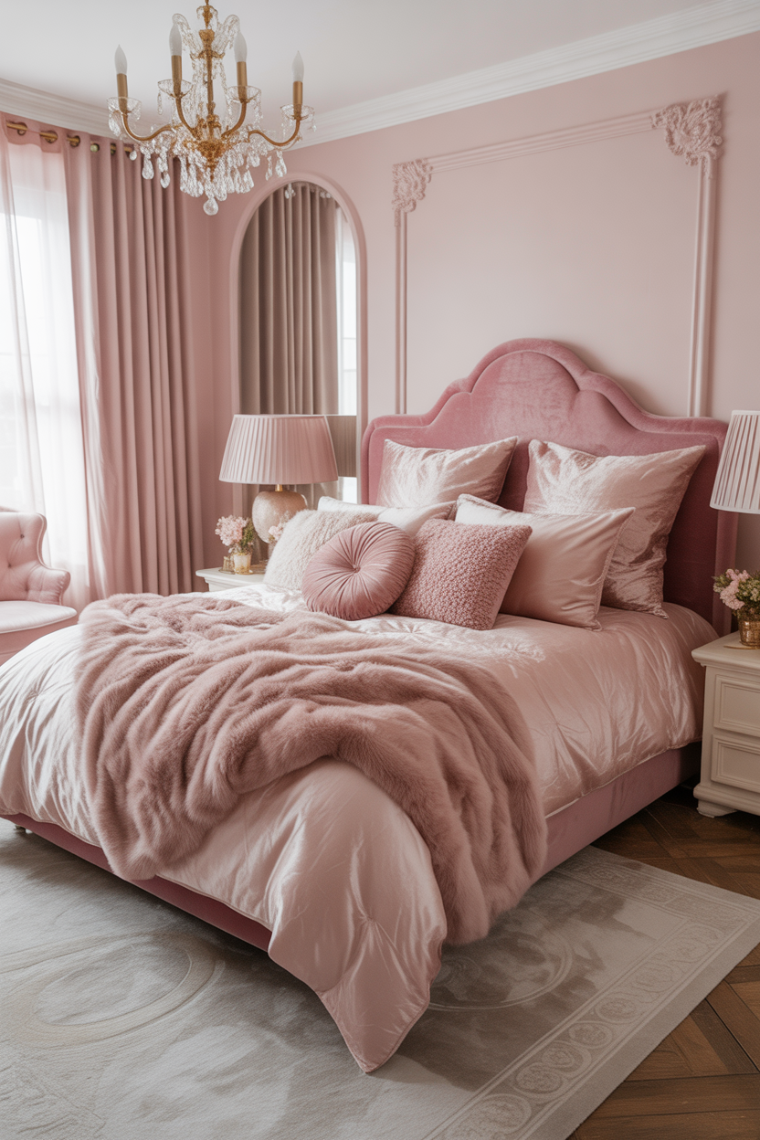 Maximalist bed with 7+ layered textures in pink bedding and throws