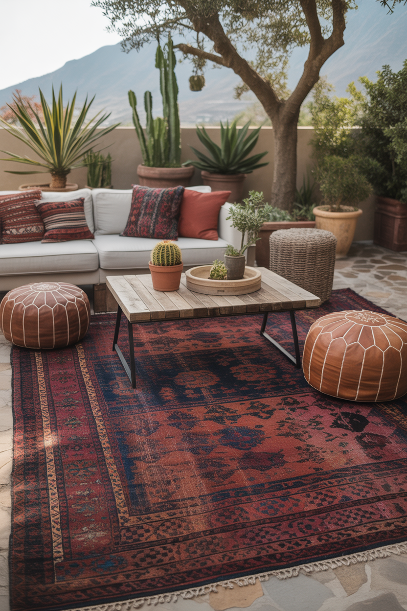 Colorful layered vintage rugs on a bohemian patio with Moroccan poufs and plants
