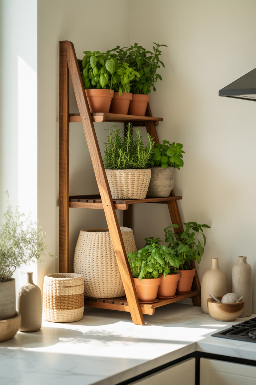 Wooden ladder shelf with indoor herb garden in a cozy modern kitchen