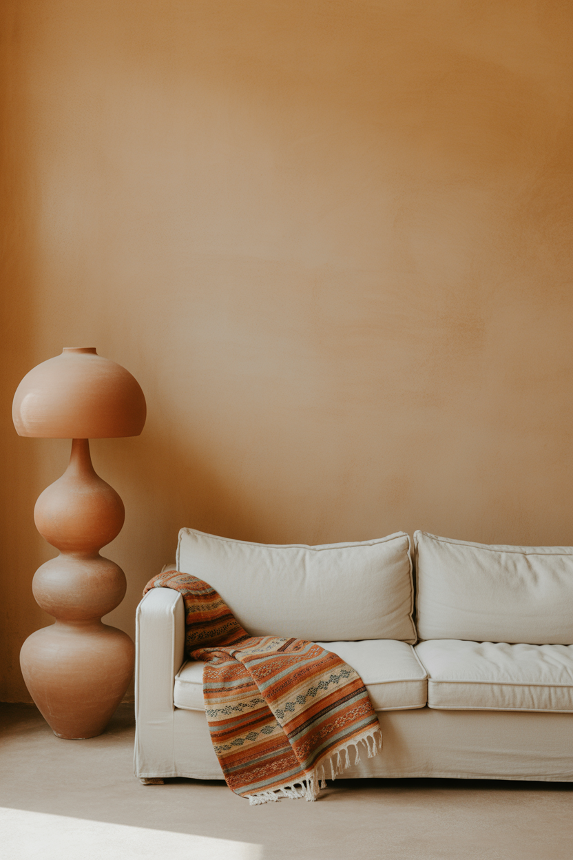 Warm ochre limewash textured wall in a Mexican-inspired living room with white linen sofa and woven textiles