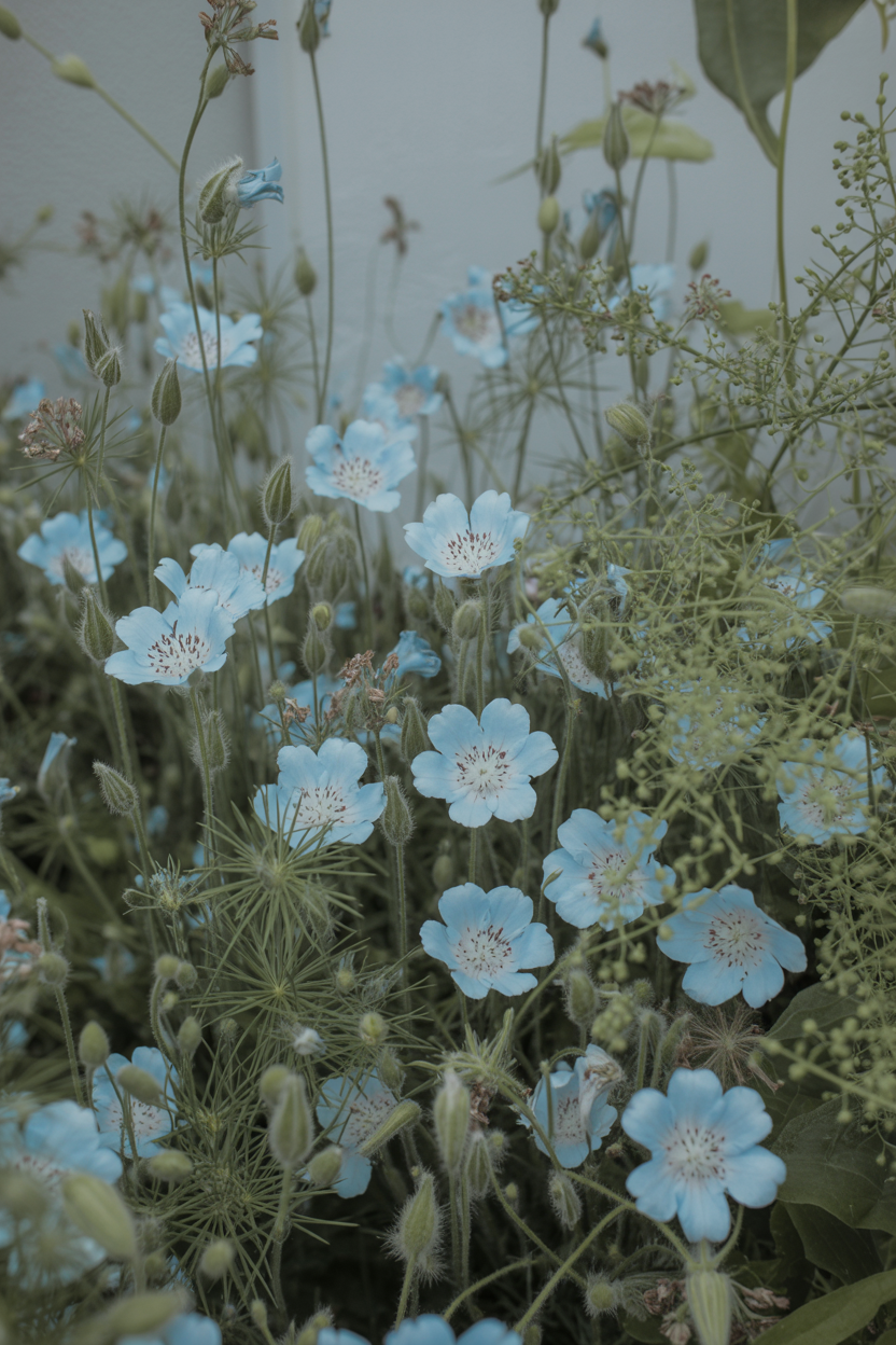 Pale blue love-in-a-mist flowers with delicate lace foliage