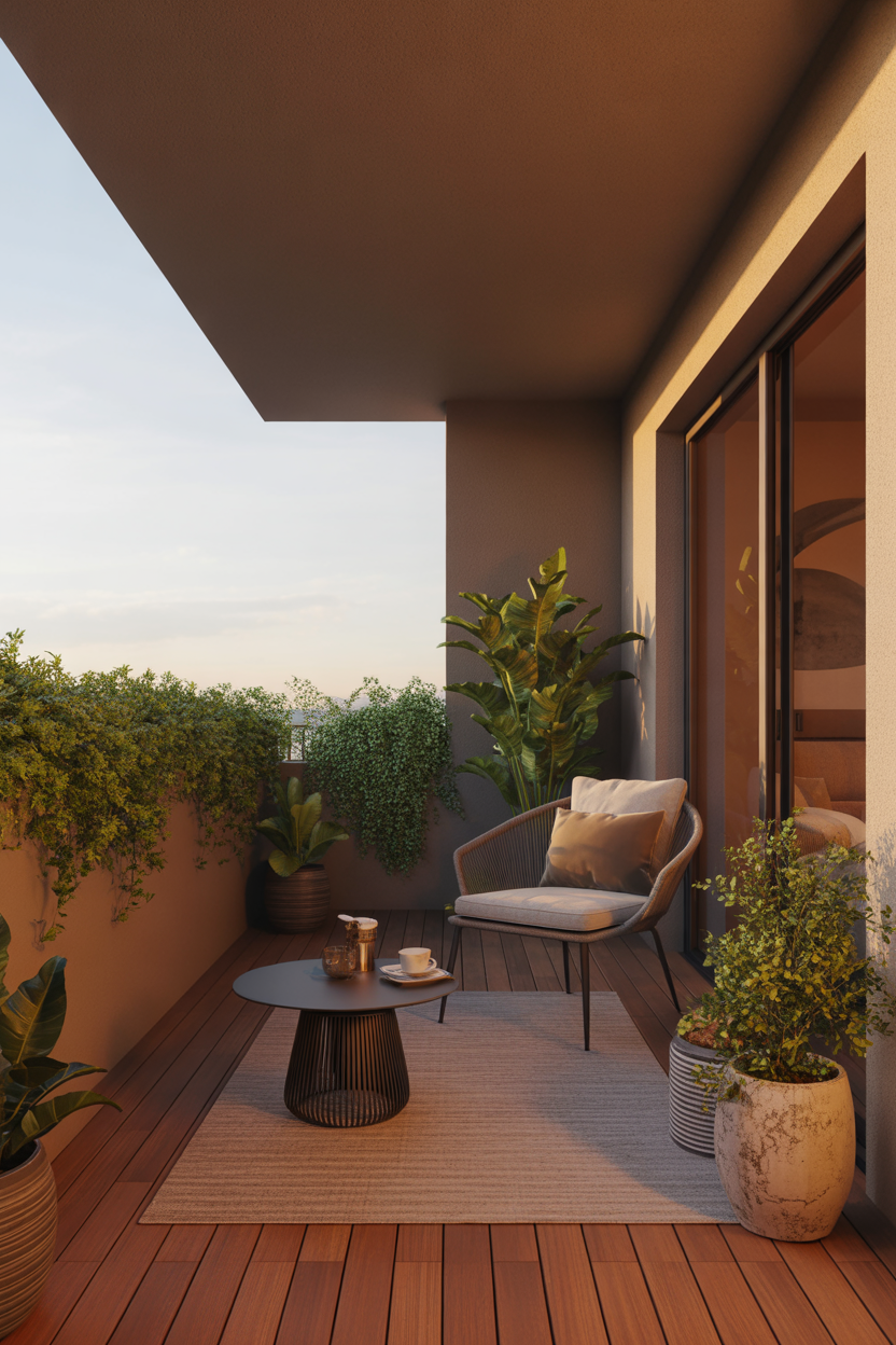 Luxury outdoor balcony design collage with nine elegant styles including small balcony setup, boho decor, glass railing, and cozy lighting ideas