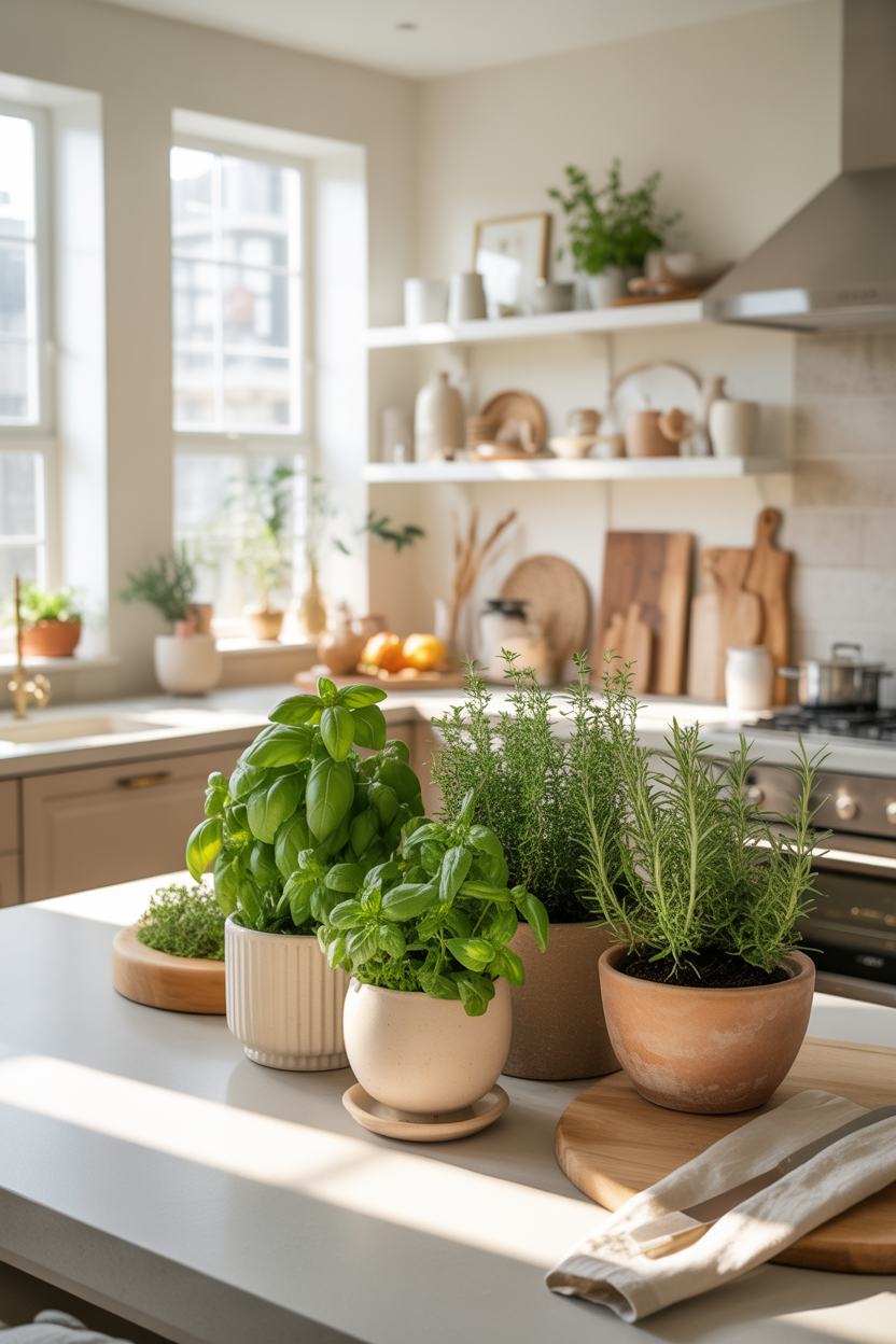 Modern luxury kitchen with fresh indoor herb garden in stylish pots on bright countertops and windowsills