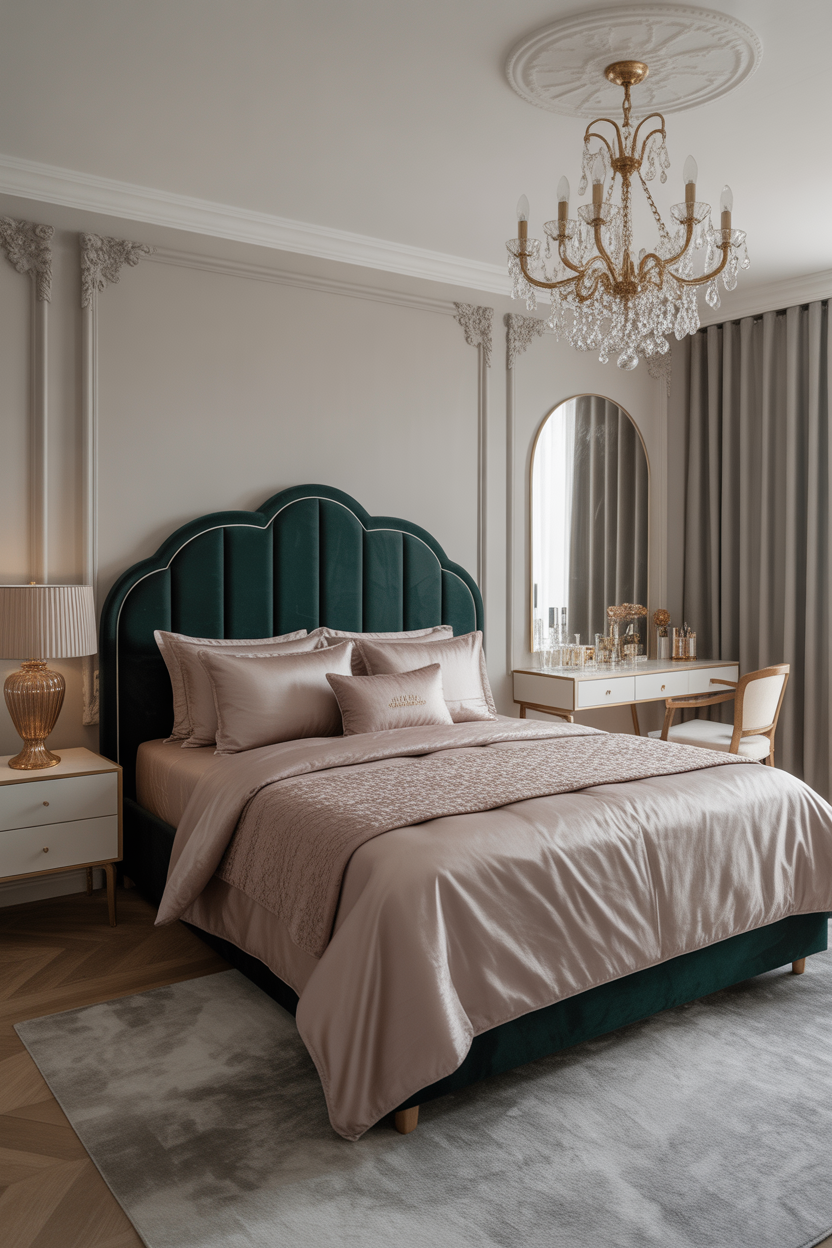 Luxury sage green and blush pink bedroom with velvet headboard and gold chandelier for an elegant aesthetic