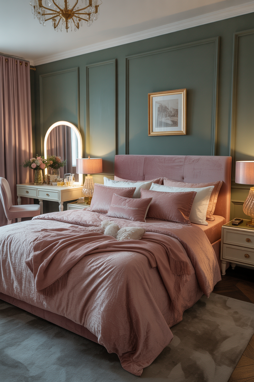 Ultra luxury pink and green bedroom with sage walls, dusty rose velvet bedding and elegant gold decor
