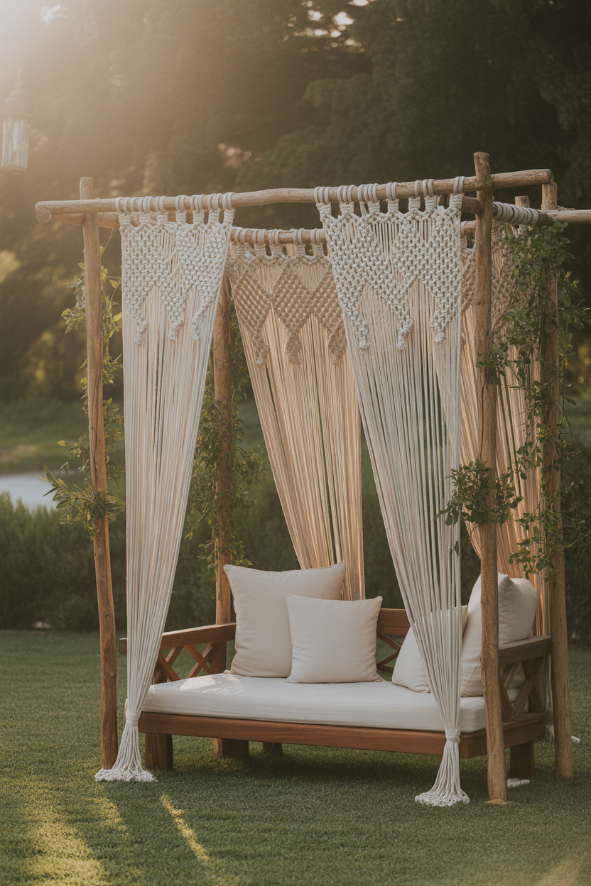 Macramé canopy creating shade over bohemian garden seating area with cushions