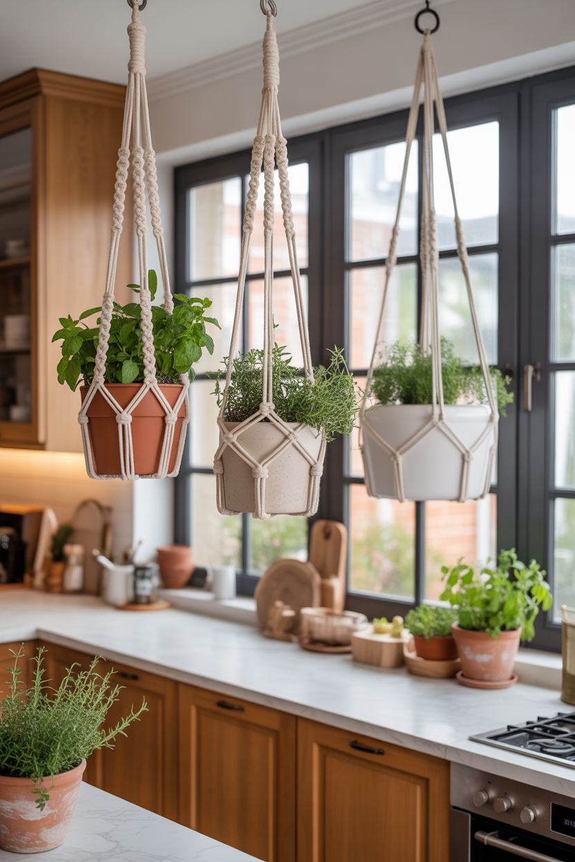 DIY macramé hanging herb planters with fresh herbs near a sunny window for a boho indoor herb garden