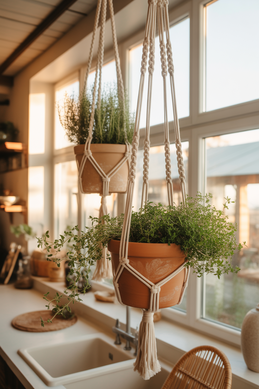 Boho macramé hanging herb planters with terracotta pots near the kitchen window