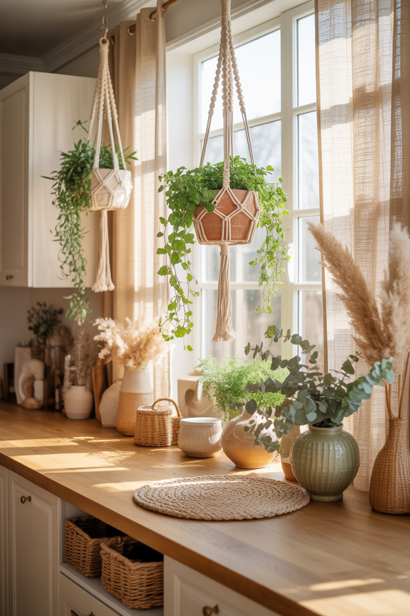 Macramé hanging herb planters in a bright boho kitchen