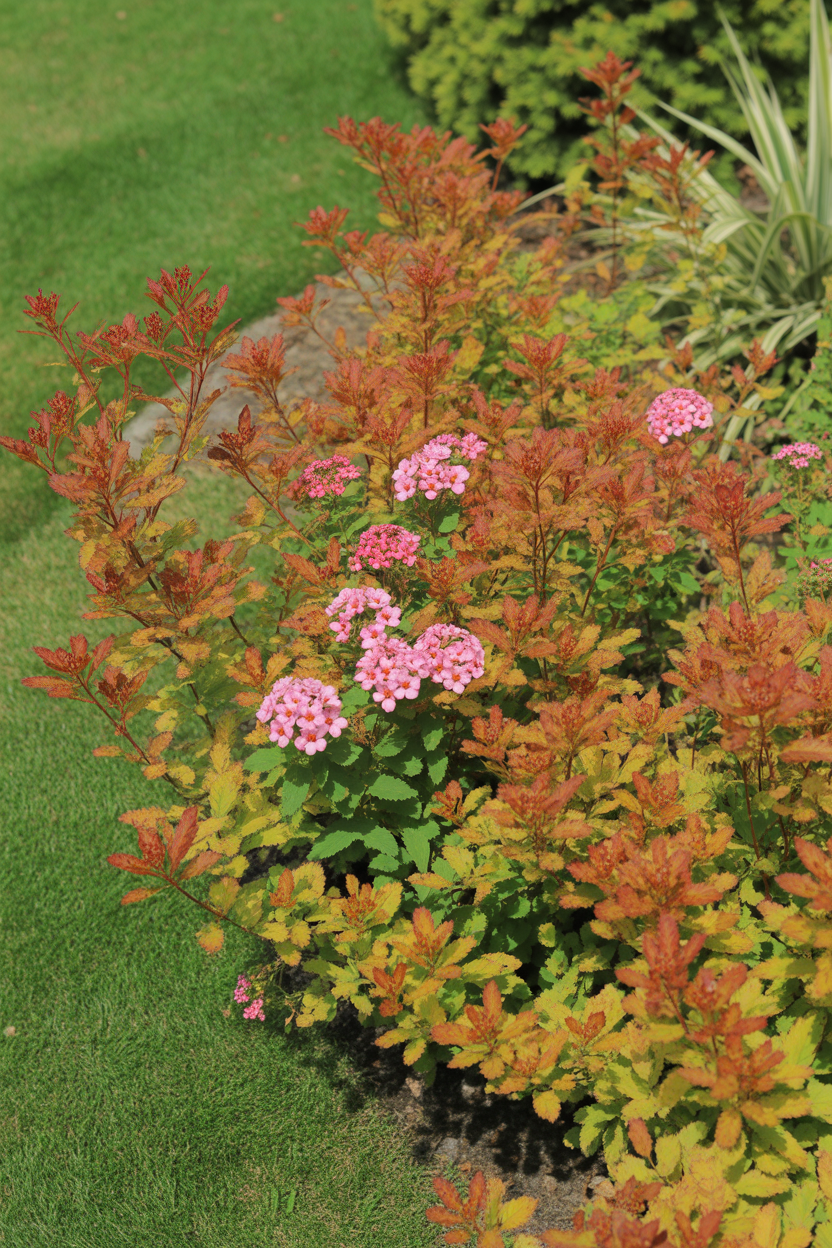 Magic Carpet spirea with fiery red-gold foliage and pink summer blooms as a low-growing cottage garden shrub